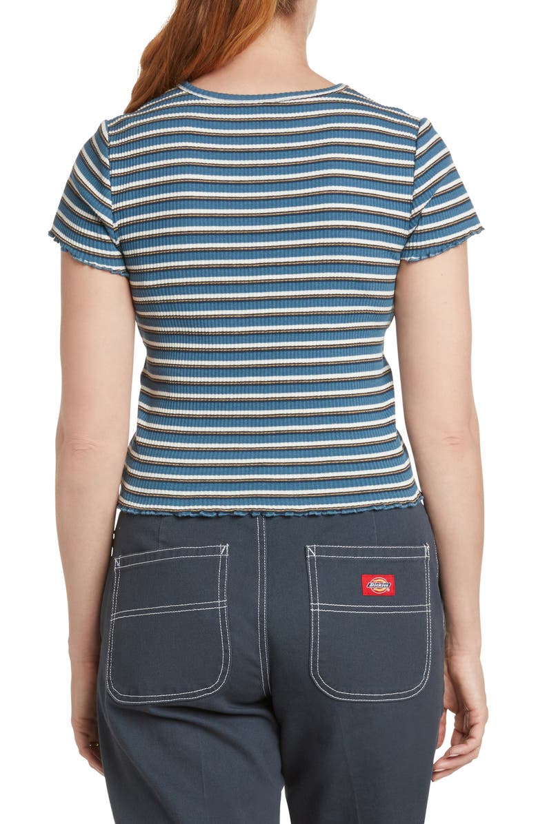 Camiseta Dickies Feminina Listrada com Borda de Alface e Canelado Azul Tamanho Médio