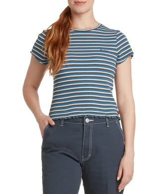 Camiseta Dickies Feminina Listrada com Borda de Alface e Canelado Azul Tamanho Médio
