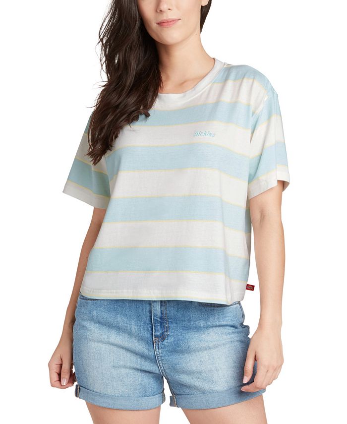 Camiseta Dickies Feminina Listrada com Canelado e Manga Curta e Gola Redonda Azul Tamanho Grande