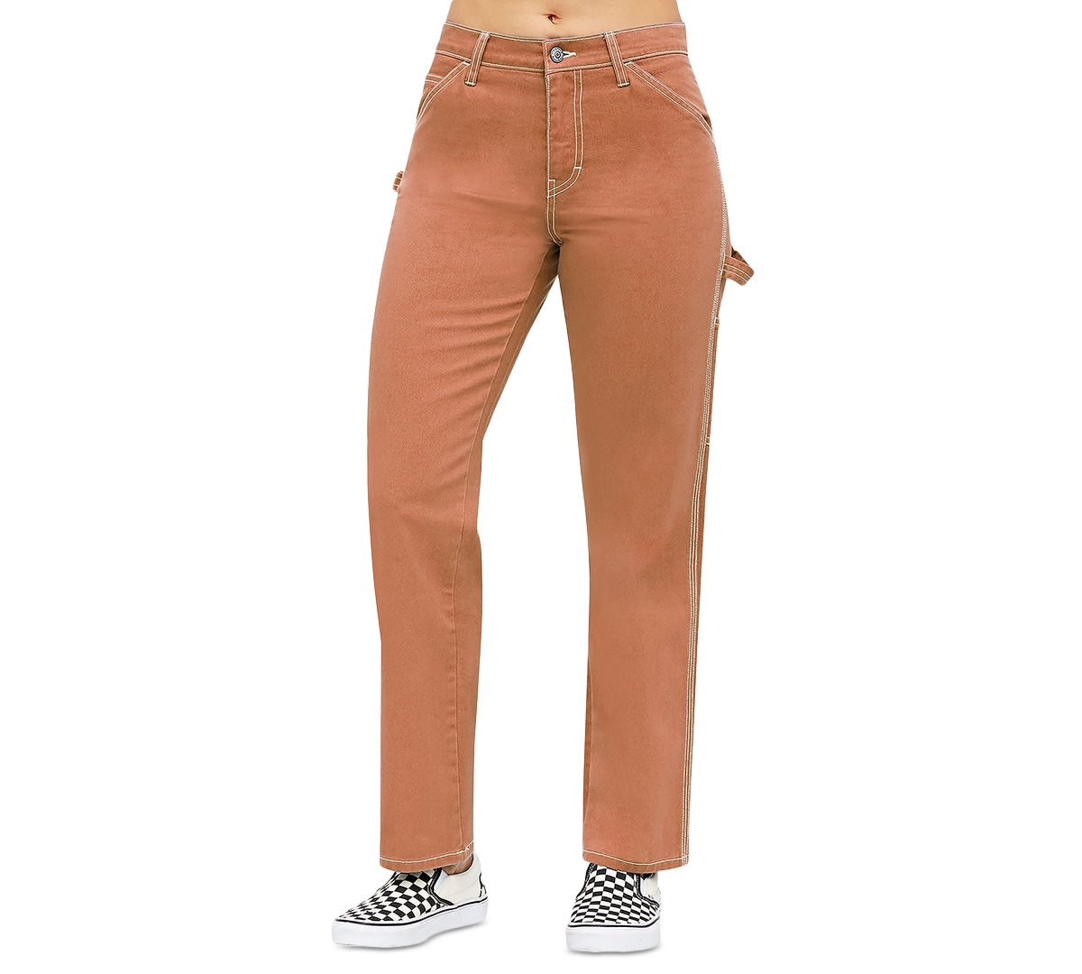 Calça feminina Dickies Carpenter com bolso e zíper, cintura alta, perna reta, laranja, tamanho 9
