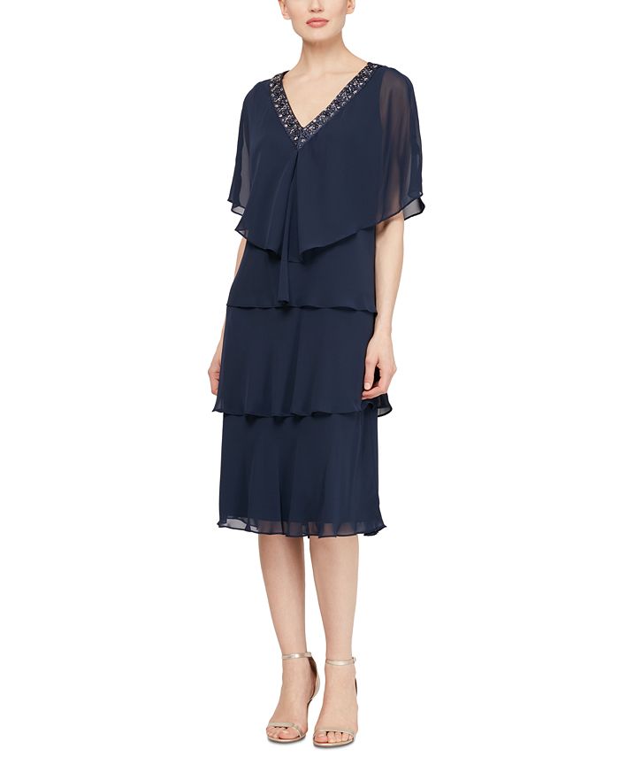 Vestido feminino de chiffon em camadas com cardigan azul tamanho 14 da SL Fashions