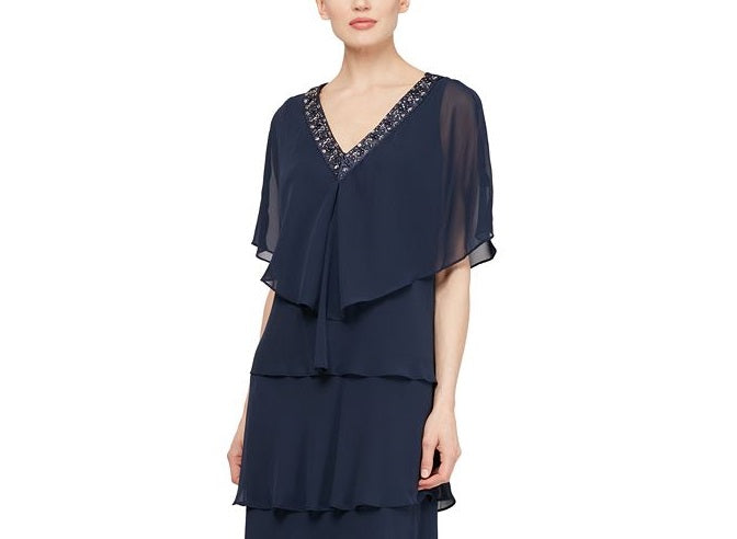 Vestido feminino de chiffon em camadas com cardigan azul tamanho 14 da SL Fashions