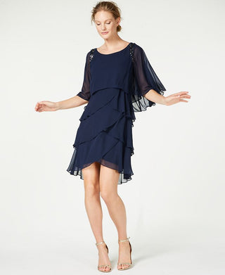 Vestido de festa curto com babados e manga sino, gola redonda e babados, azul, tamanho 18, SL Fashions para mulheres