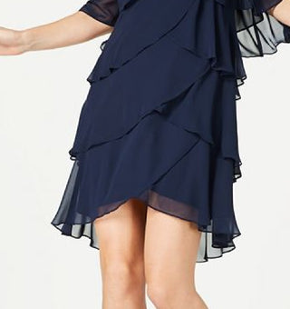 Vestido de festa curto com babados e manga sino, gola redonda e babados, azul, tamanho 18, SL Fashions para mulheres