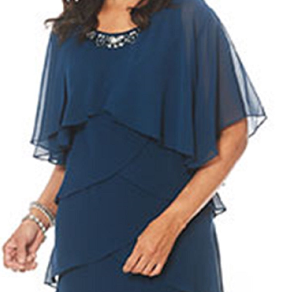 Vestido de chiffon em camadas com detalhes da SL Fashions para mulheres, azul, tamanho 12