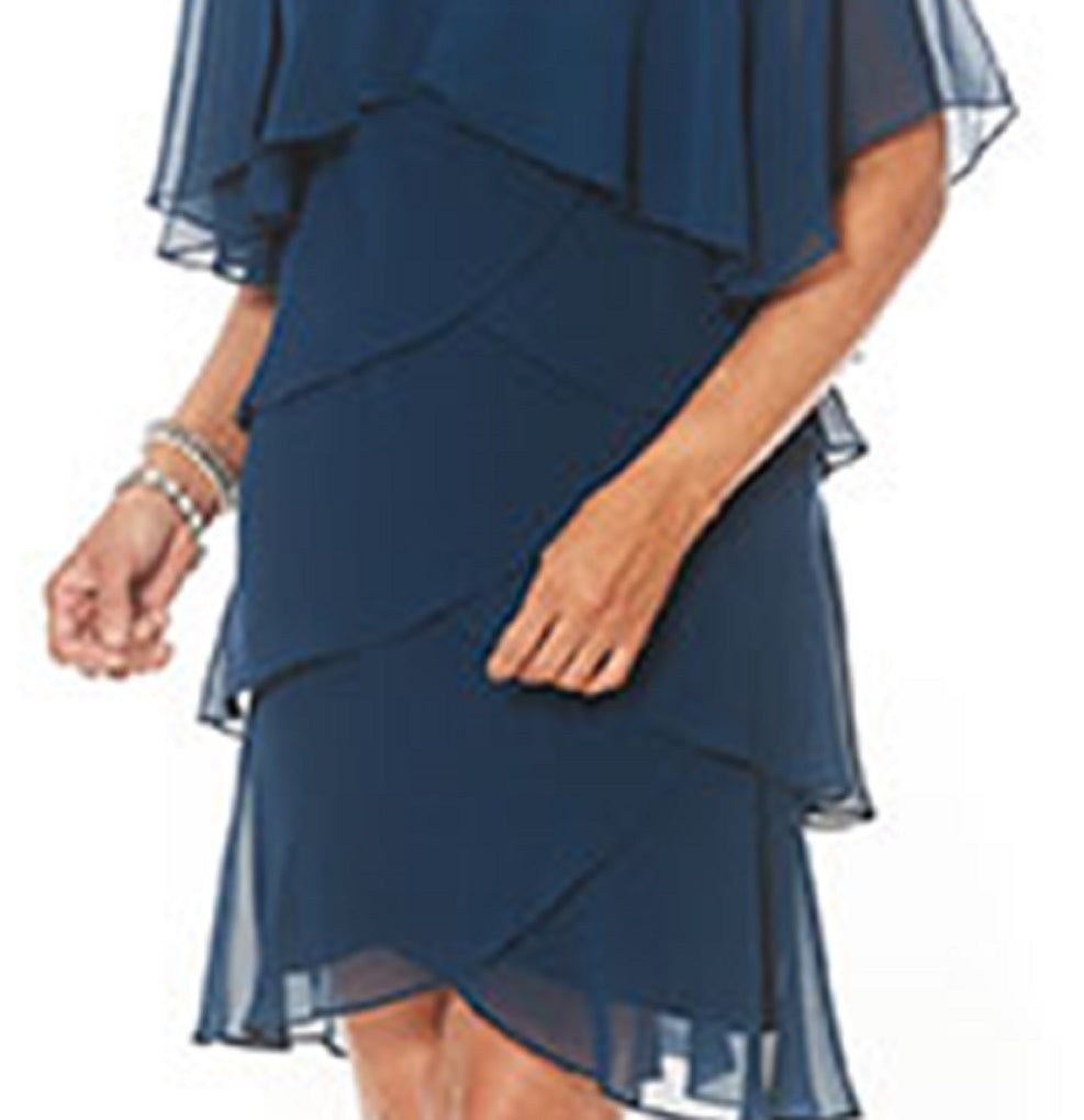 Vestido de chiffon em camadas com detalhes da SL Fashions para mulheres, azul, tamanho 12