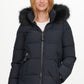 Casaco acolchoado com capuz e acabamento em pele sintética DKNY feminino, preto, tamanho médio