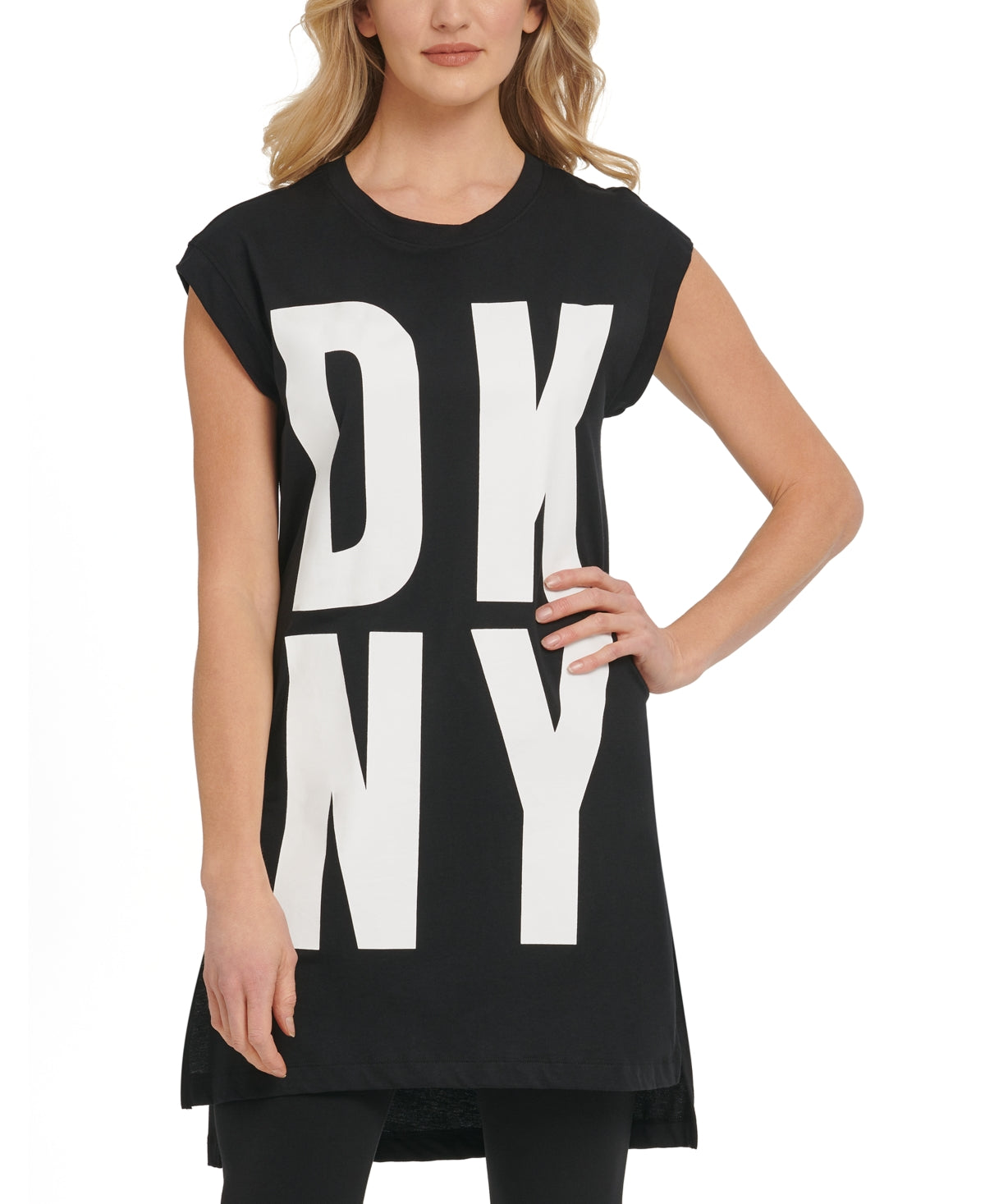 Túnica feminina DKNY com logo alto e baixo, preta, tamanho médio