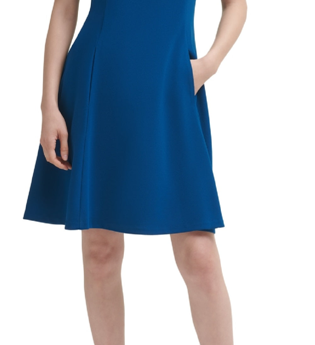 Vestido feminino DKNY com babados e ajuste flare, azul, tamanho 8