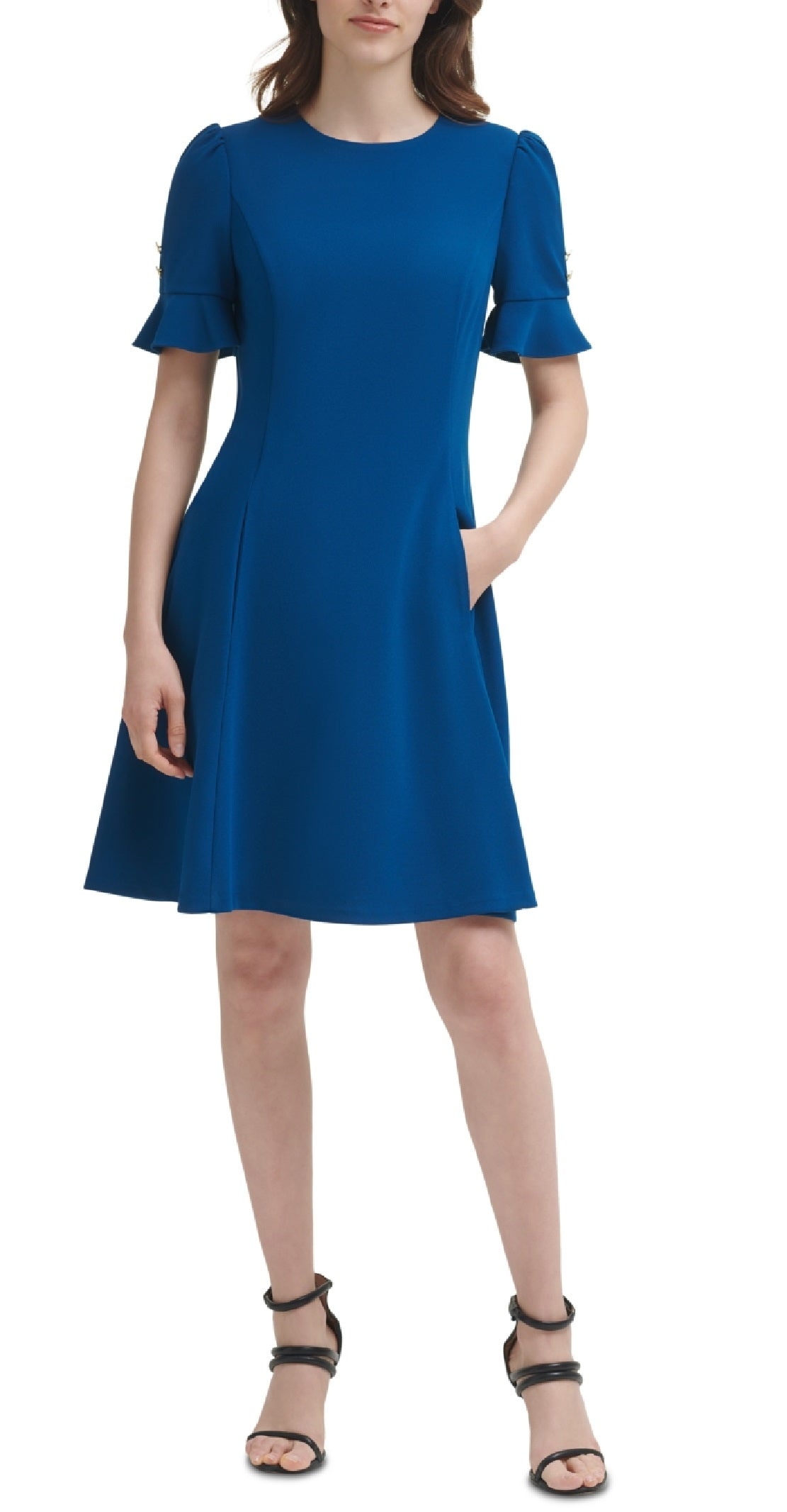 Vestido feminino DKNY com babados e ajuste flare, azul, tamanho 6