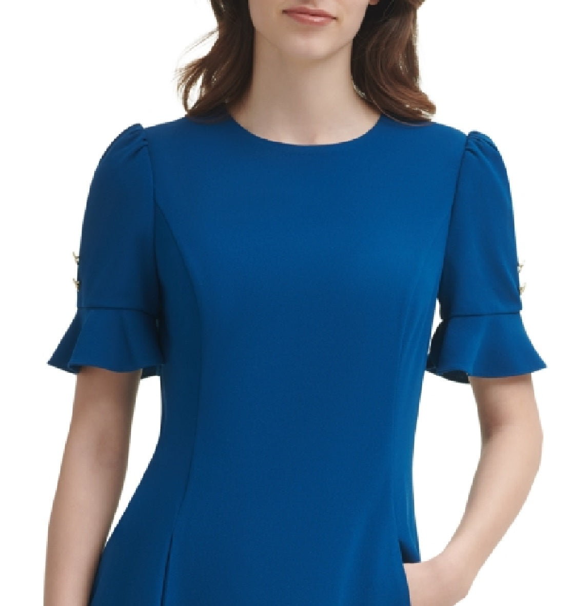 Vestido feminino DKNY com babados e ajuste flare, azul, tamanho 6