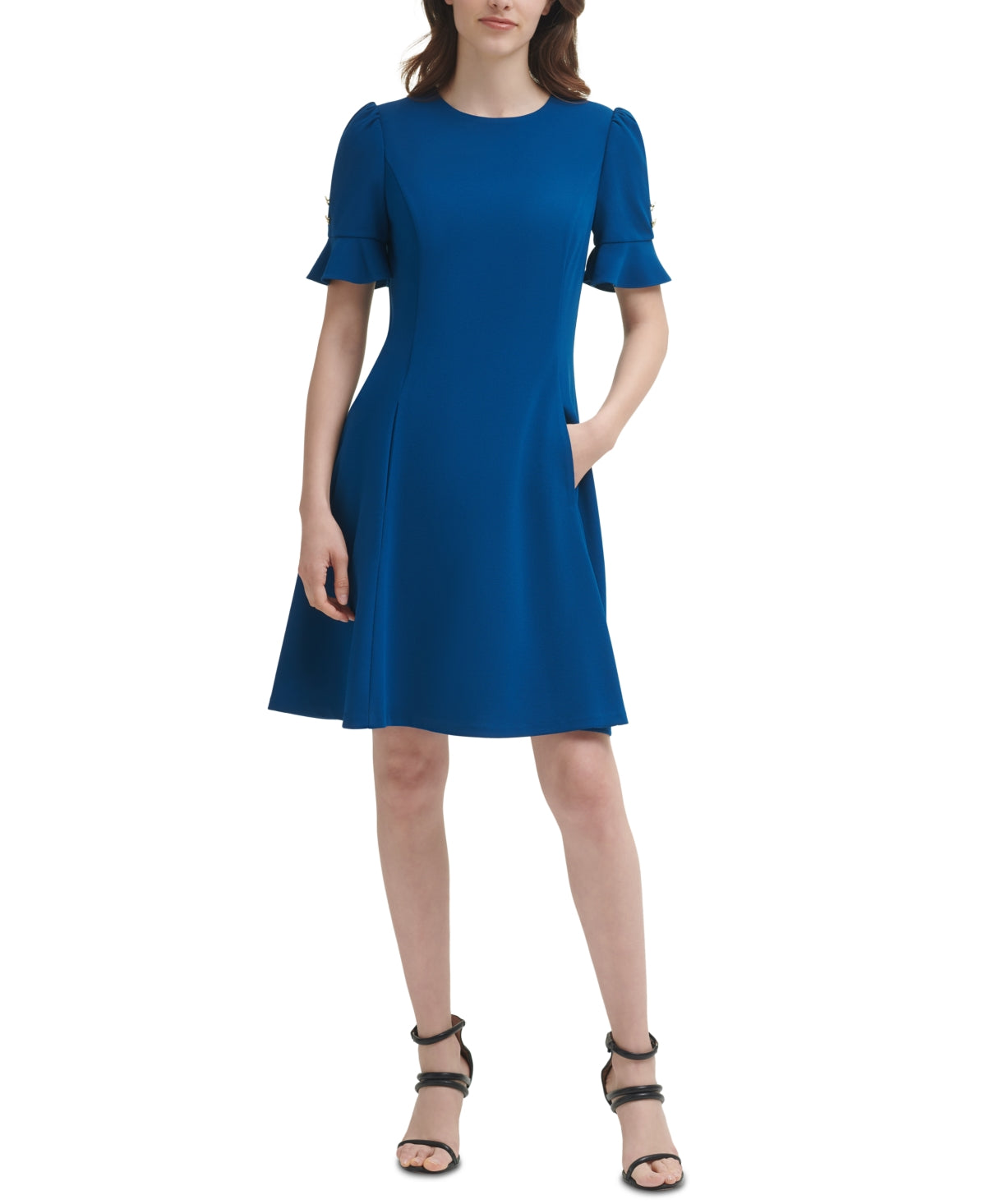 Vestido feminino DKNY com babados e ajuste flare, azul, tamanho 4