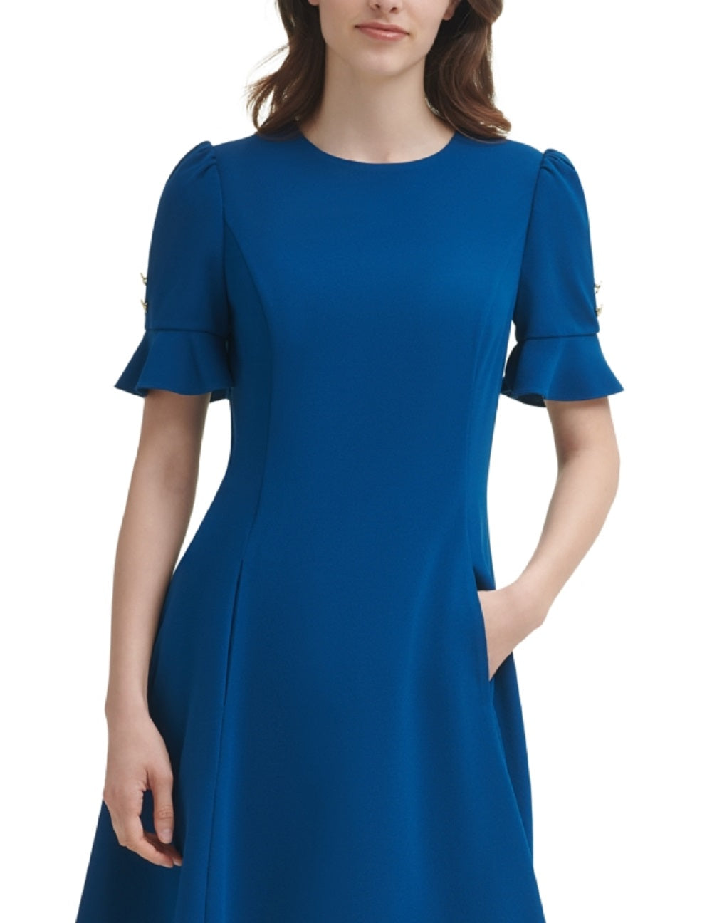 Vestido feminino DKNY com babados e ajuste flare, azul, tamanho 4
