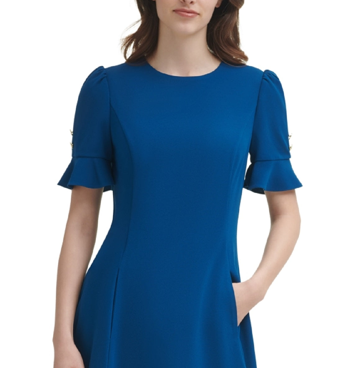Vestido feminino DKNY com babados e ajuste evasê, azul, tamanho 2