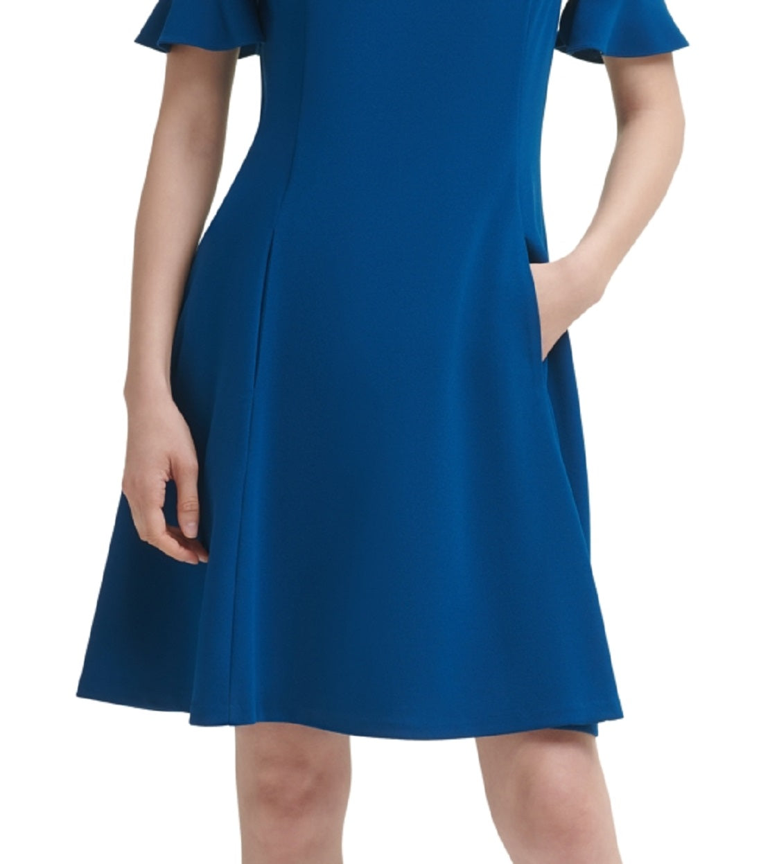 Vestido feminino DKNY com babados e ajuste evasê, azul, tamanho 2