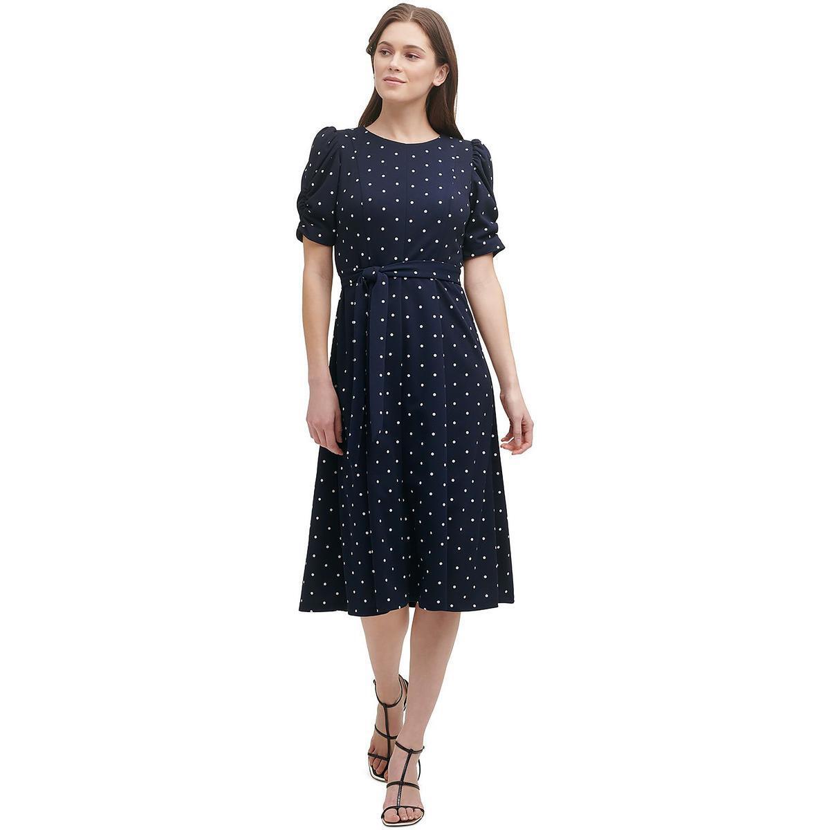 Vestido midi feminino DKNY com bolinhas, azul, tamanho 12