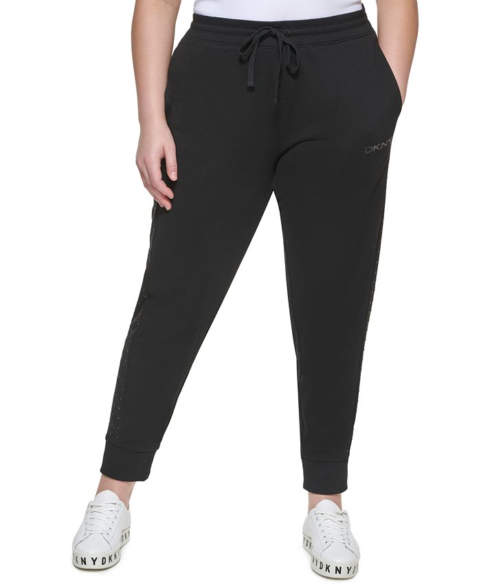 Calça jogger feminina DKNY com detalhes, preta, tamanho 2X