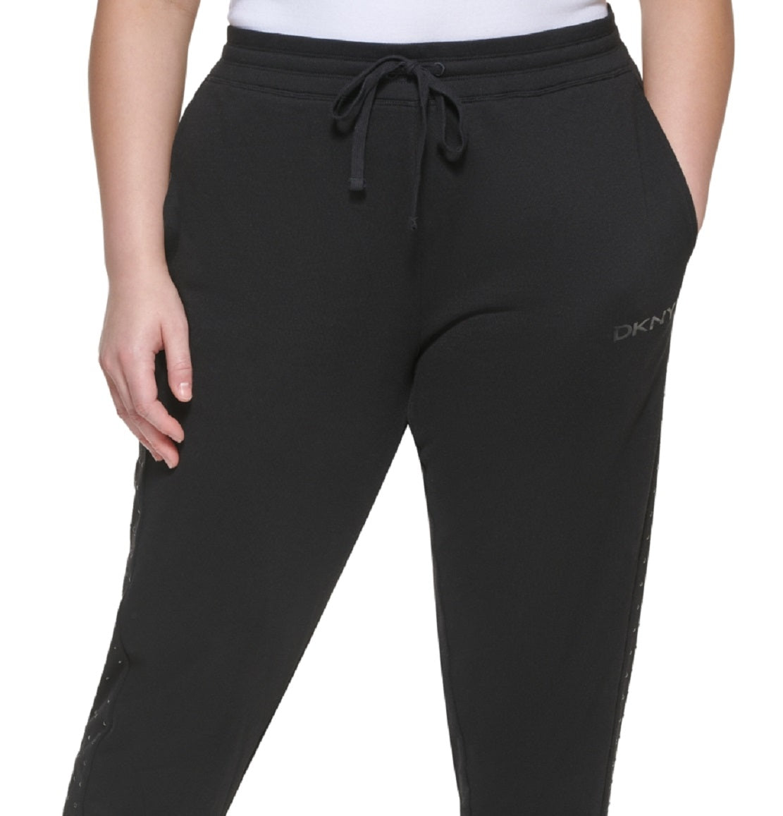 Calça jogger feminina DKNY com detalhes, preta, tamanho 2X