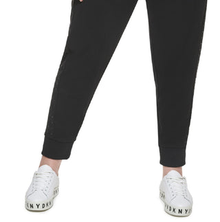 Calça jogger feminina DKNY com detalhes, preta, tamanho 2X