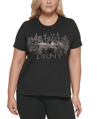 Camiseta feminina DKNY de algodão com detalhes, preta, tamanho 1X