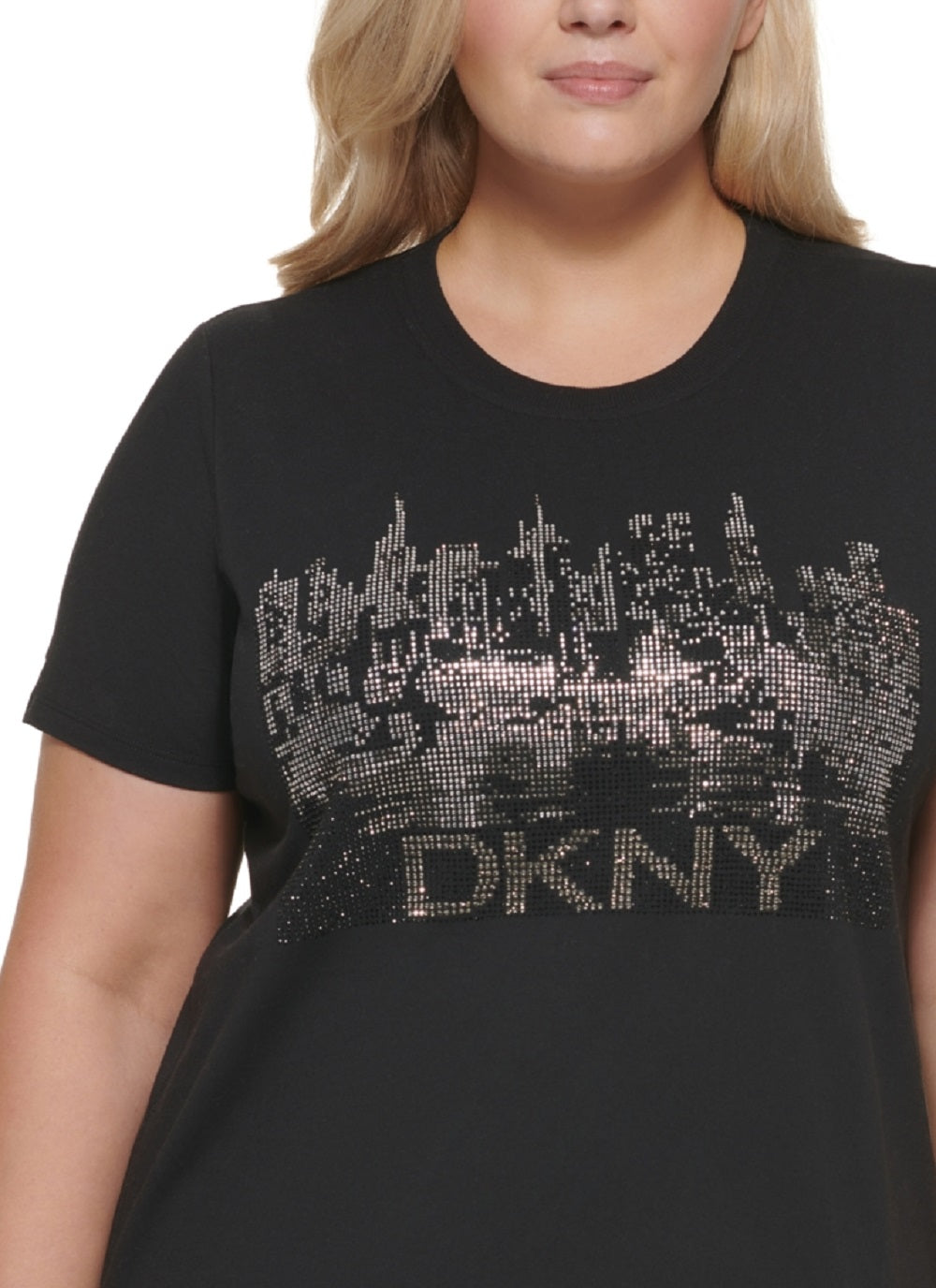Camiseta feminina DKNY de algodão com detalhes, preta, tamanho 1X