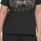 Camiseta feminina DKNY de algodão com detalhes, preta, tamanho 1X