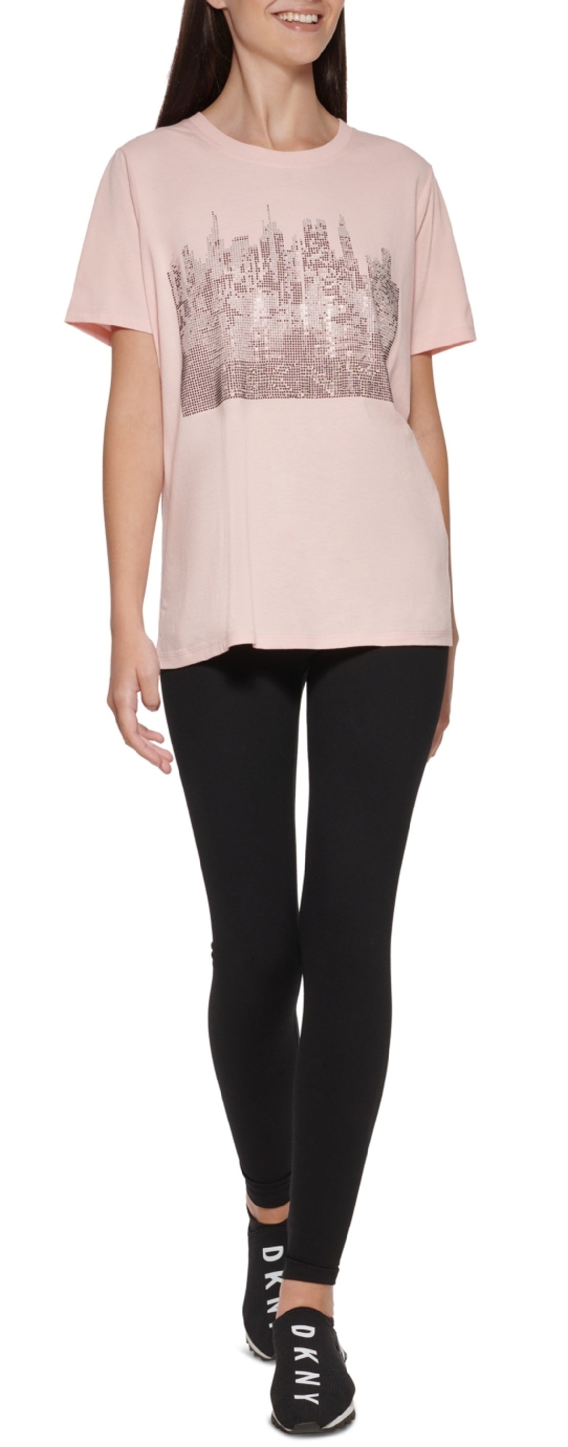 Camiseta feminina DKNY de algodão com strass e estampa rosa, tamanho médio