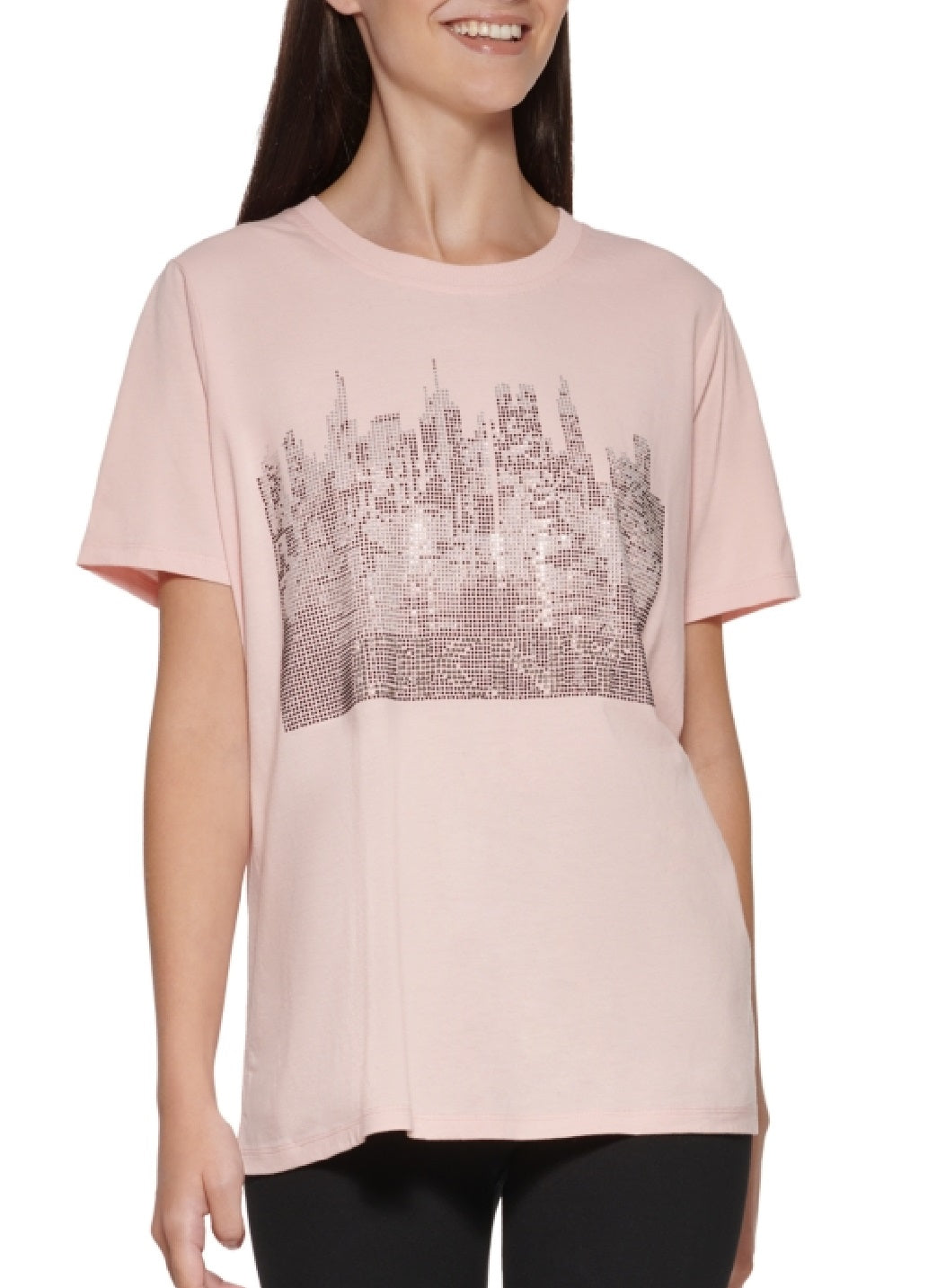 Camiseta feminina DKNY de algodão com strass e estampa rosa, tamanho médio