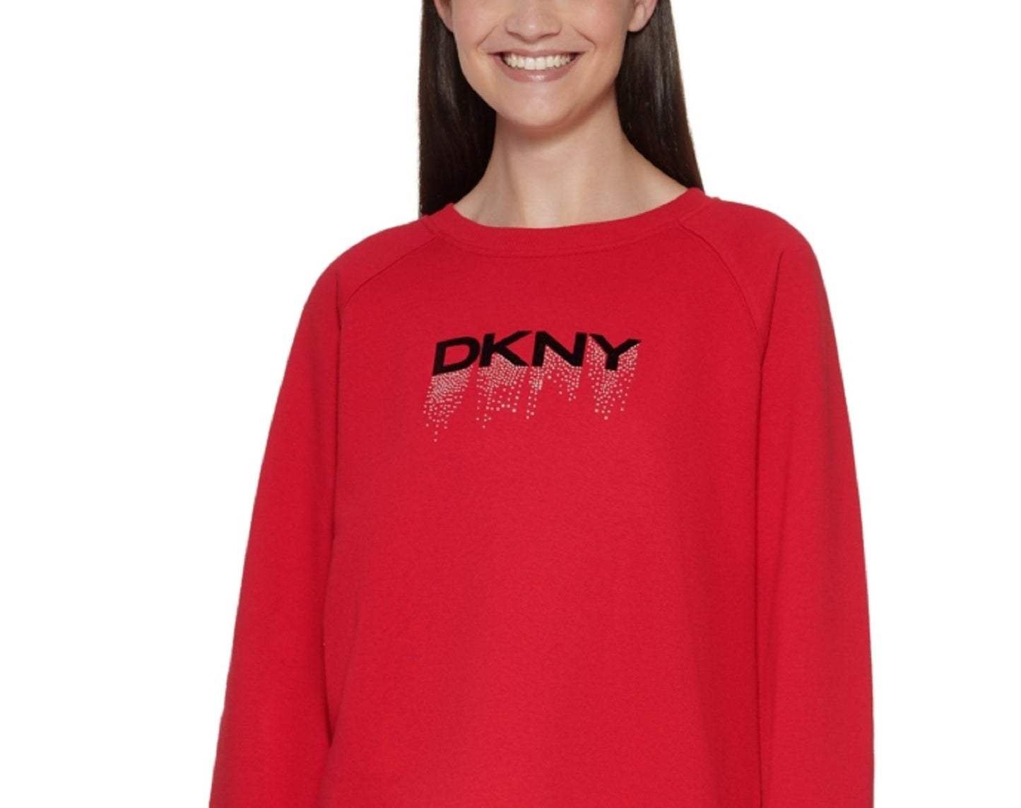 Moletom feminino DKNY com logo embelezado, vermelho, tamanho grande
