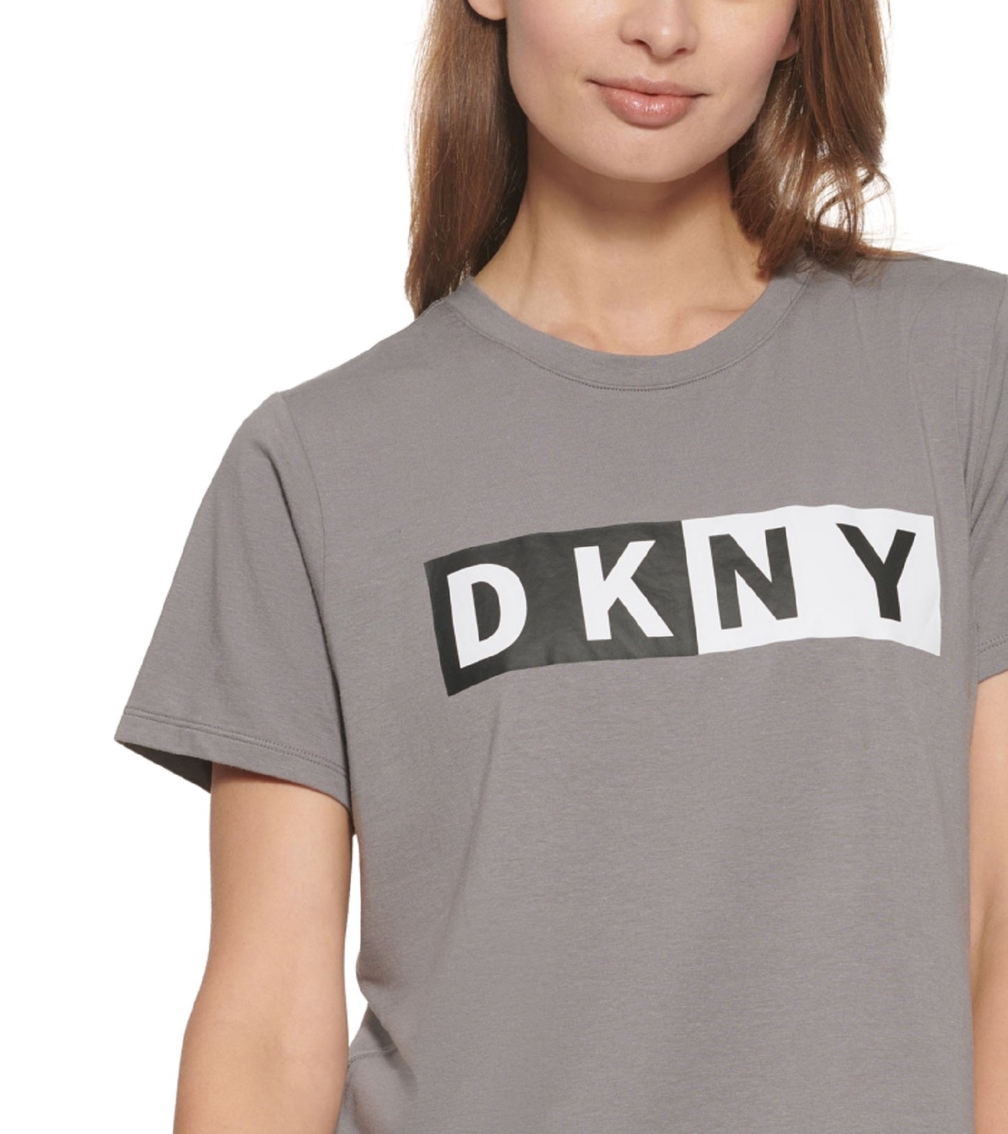 Camiseta feminina DKNY com logotipo, cinza, tamanho médio