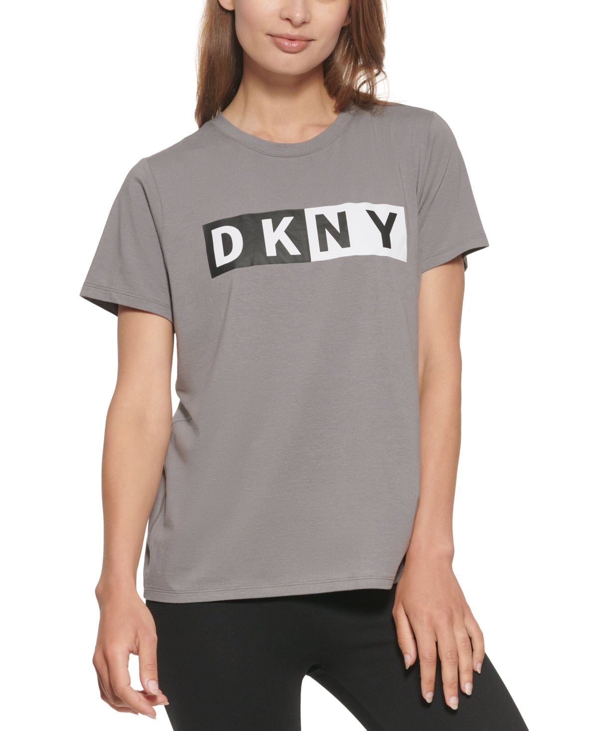 Camiseta feminina DKNY com logotipo, cinza, tamanho médio