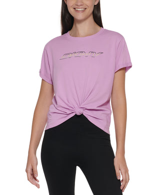 Camiseta feminina DKNY de algodão com nó e logotipo, roxa, tamanho extragrande
