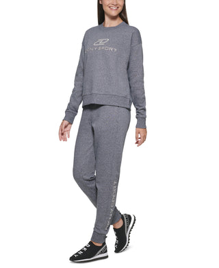 Moletom feminino DKNY com logo bordado de algodão, azul, tamanho P