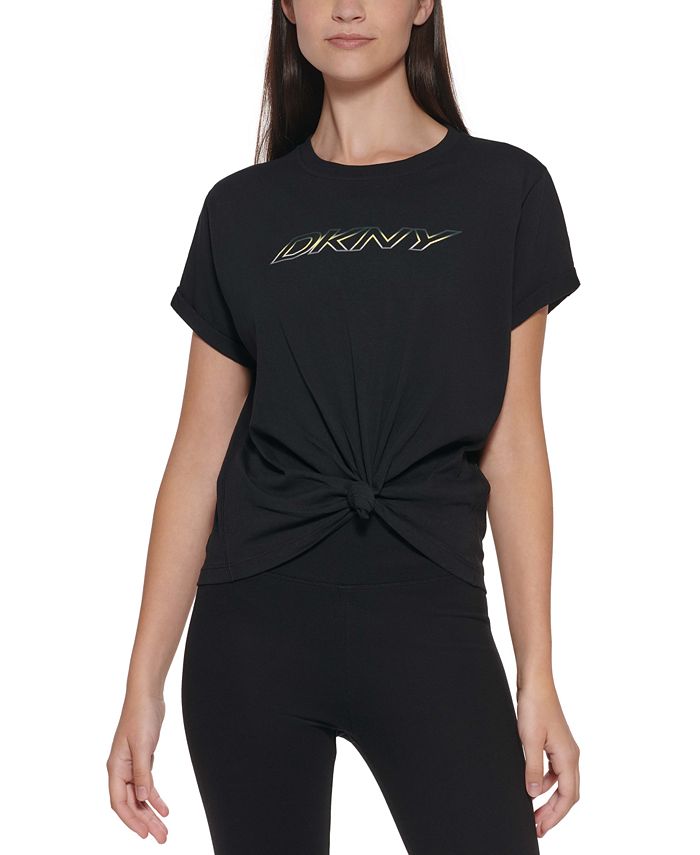 Camiseta feminina DKNY de algodão com nó e logotipo, preta, tamanho grande
