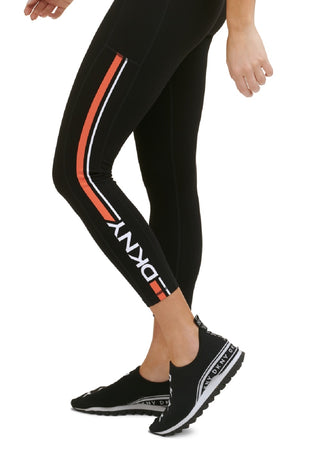Leggings femininas DKNY Sport com listras laterais e logotipo 7/8, laranja, tamanho extrapequeno