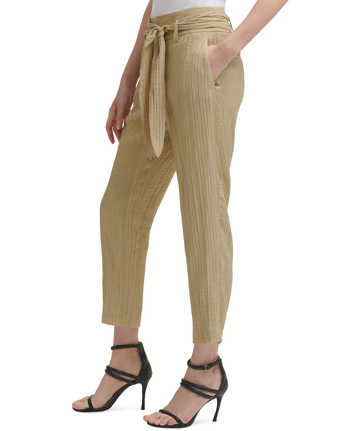 Calça texturizada feminina DKNY de cintura alta, verde, tamanho 6, pequena