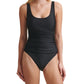 Maiô feminino DKNY com franzidos laterais e malha, preto