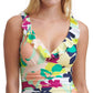 Maiô feminino DKNY com bojo removível, estampado, decote em V profundo, babados e aro, azul, tamanho 16