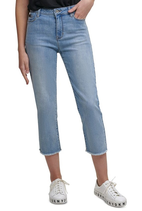 Calça jeans feminina DKNY Rivington Slim Straight Cropped Raw, azul, tamanho 28