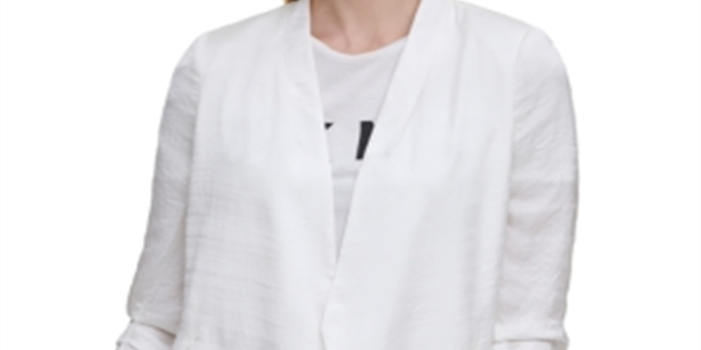 Blazer feminino DKNY sem gola e manga franzida, branco, tamanho pequeno