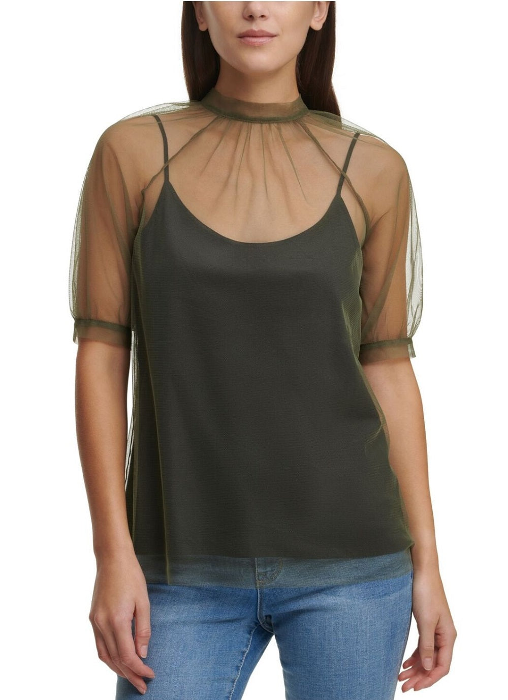 Blusa de tule com sobreposição feminina DKNY, verde, tamanho médio