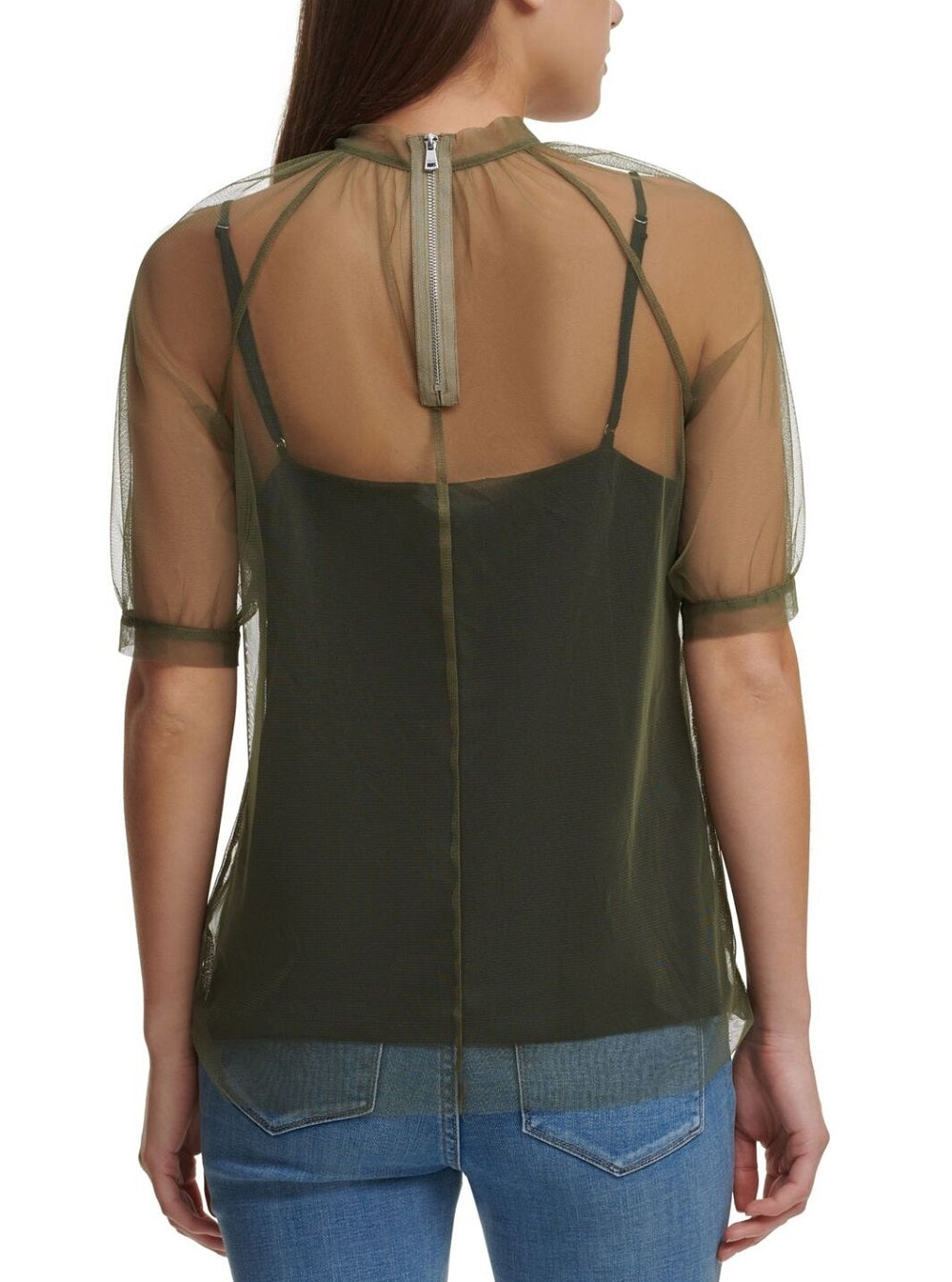 Blusa de tule com sobreposição feminina DKNY, verde, tamanho médio