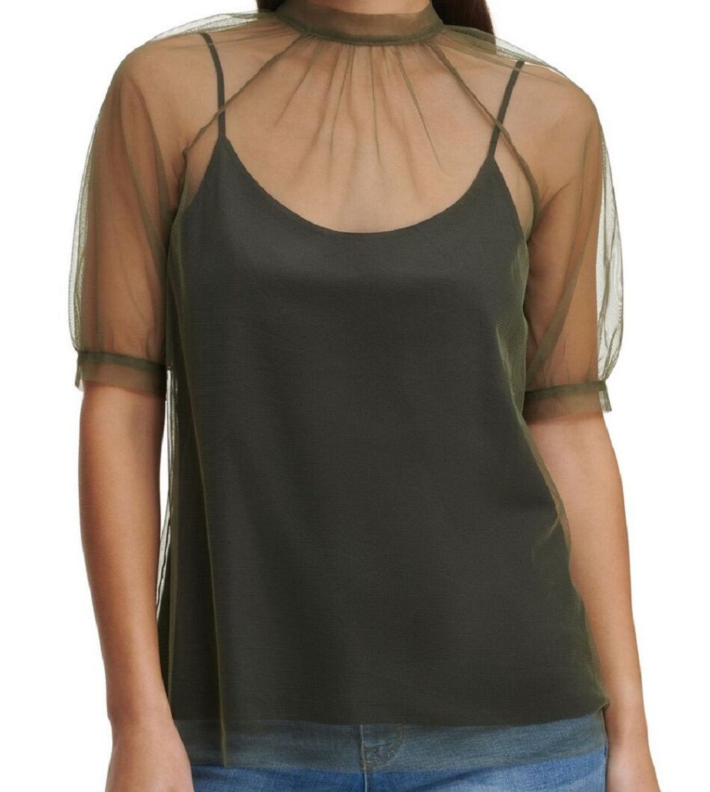 Blusa de tule com sobreposição feminina DKNY, verde, tamanho médio