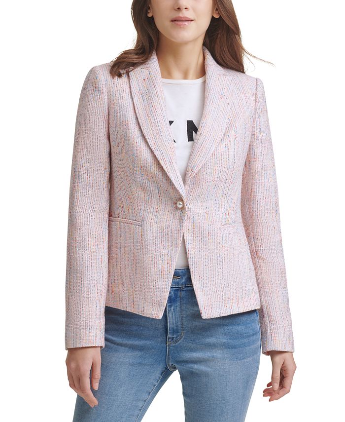 Blazer DKNY Tweed Faux Pearl de um botão rosa tamanho 16