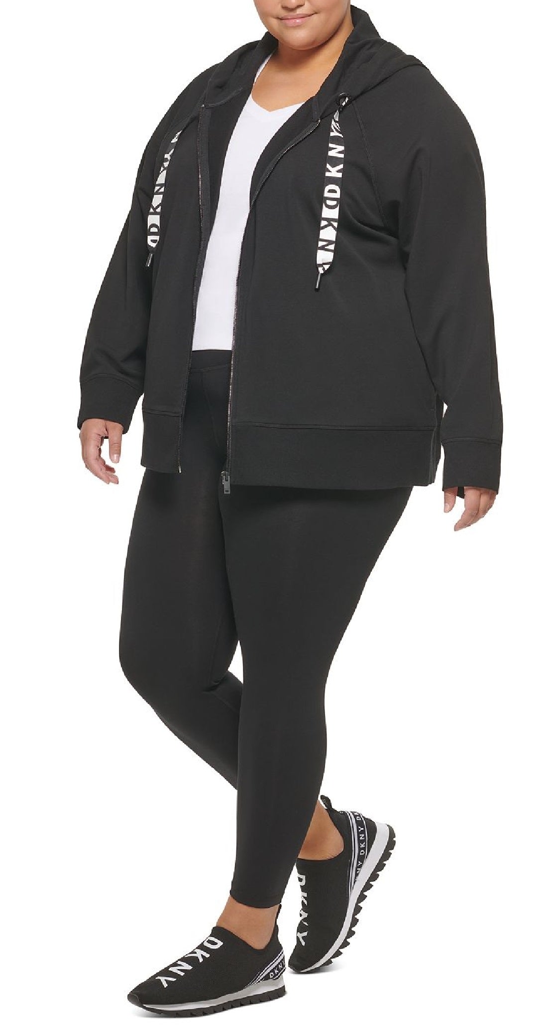 Moletom com capuz feminino DKNY com cordão e logotipo French Terry, preto, tamanho 1X