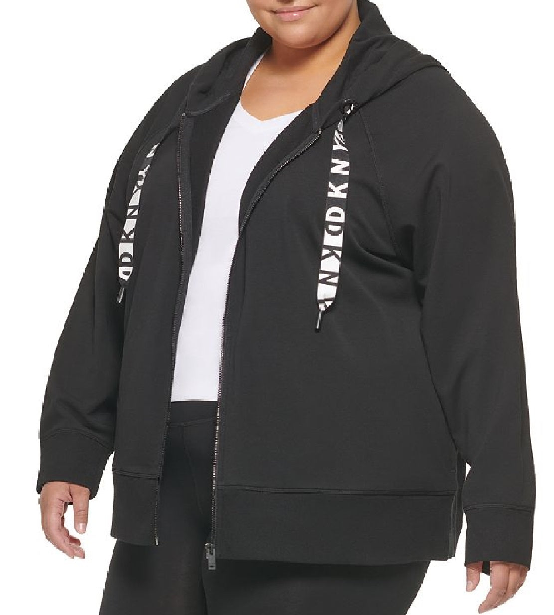 Moletom com capuz feminino DKNY com cordão e logotipo French Terry, preto, tamanho 1X