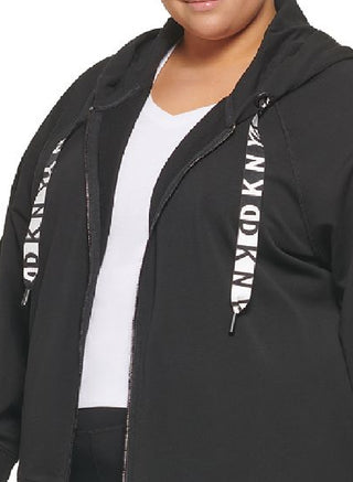 Moletom com capuz feminino DKNY com cordão e logotipo French Terry, preto, tamanho 1X