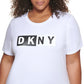 Camiseta feminina DKNY com estampa gráfica e logo bicolor, branca, tamanho 2X
