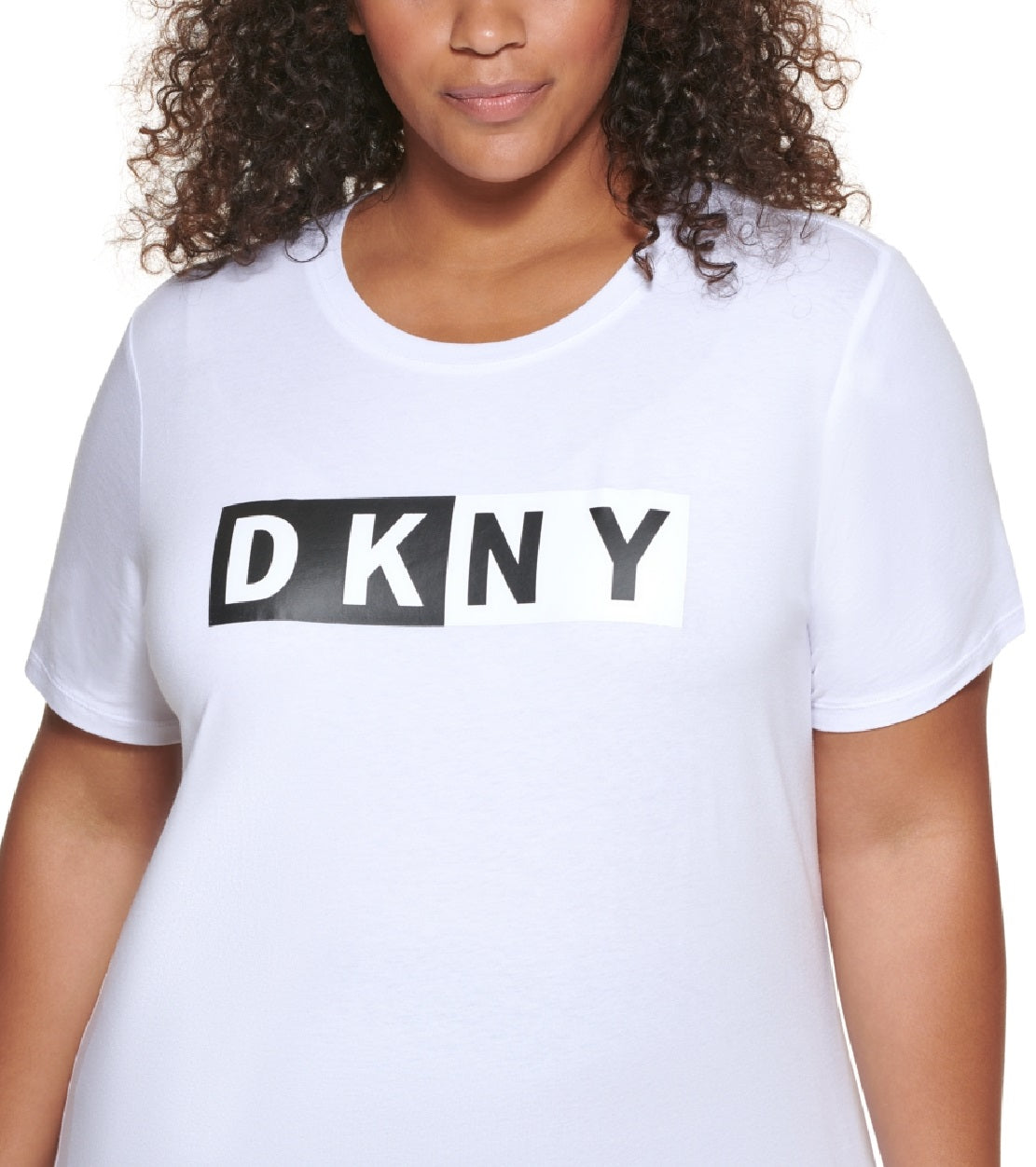 Camiseta feminina DKNY com estampa gráfica e logo bicolor, branca, tamanho 2X