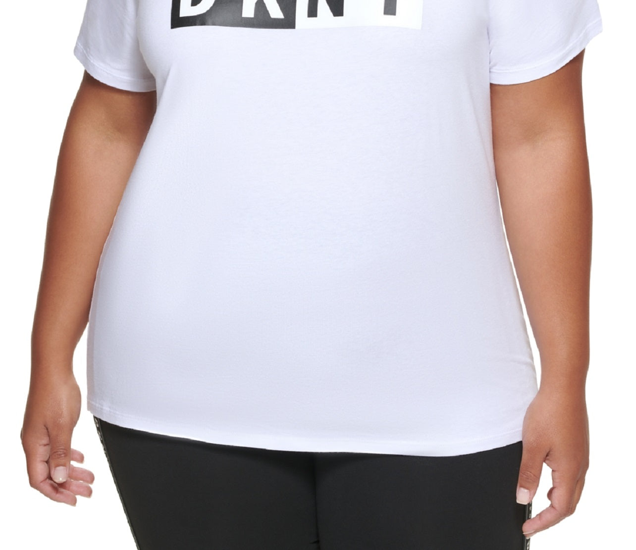 Camiseta feminina DKNY com estampa gráfica e logo bicolor, branca, tamanho 2X